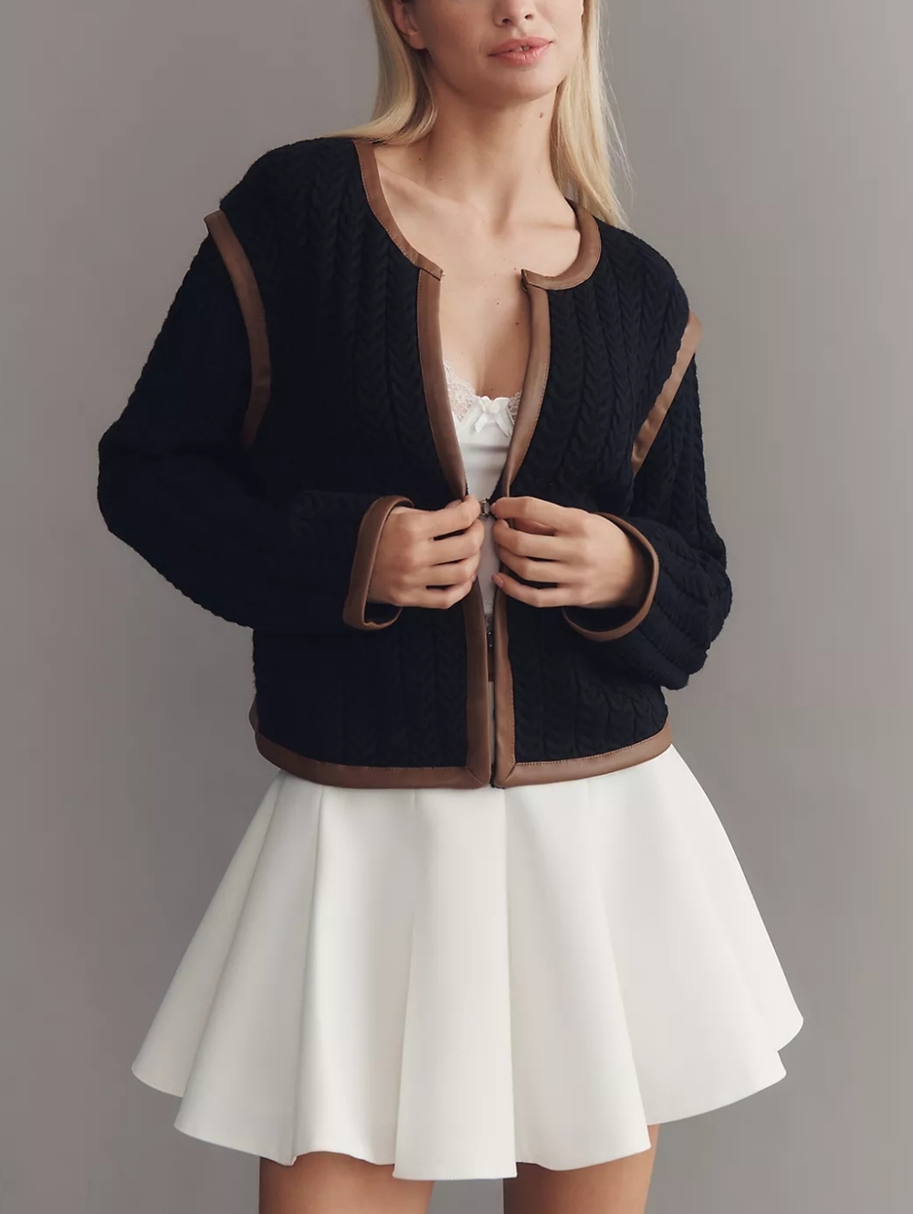 By Anthropologie Black Faux Leather Trim Long Sleeve Cardigan Sweater Size Large
